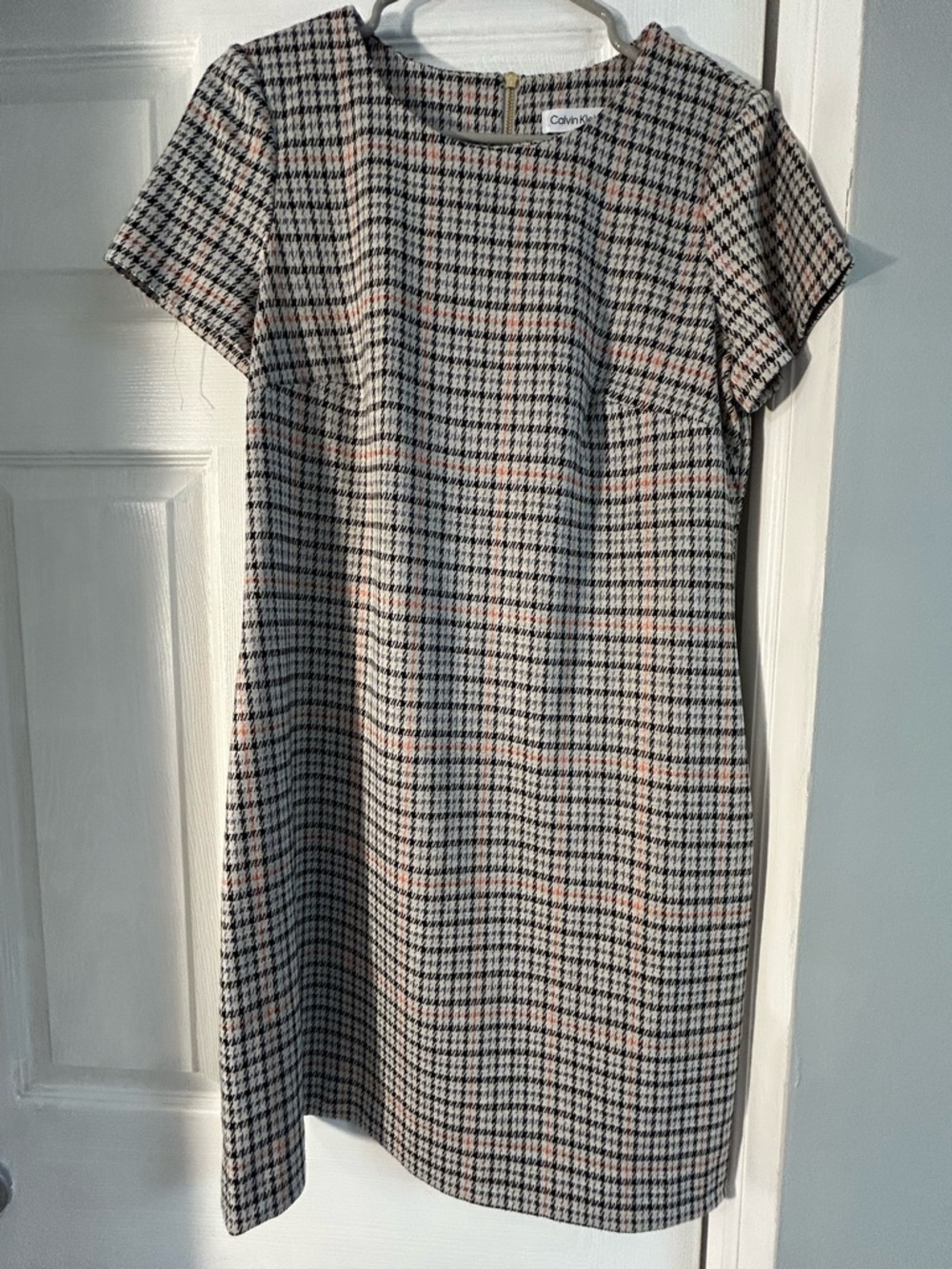 Calvin Klein Houndstooth Mini Dress with Orange Accents